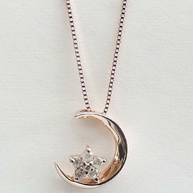 【新品】ダイヤモンド0.05ct/月と星/18金ピンクゴールドネックレス k18 moon&star