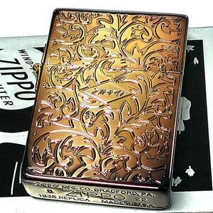 ZIPPO ライター ジッポ 1935 復刻レプリカ ゴールド ブラス燻し アラベスク 両面加工 3バレル 渋い かっこいい 唐草 彫刻 アンティーク 金