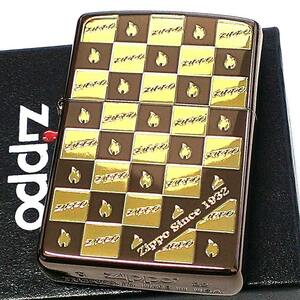 ZIPPO ライター ファイヤーマーク モノグラム ジッポ 車 ブラウン＆ゴールド おしゃれ チェック 可愛い ロゴ メンズ プレゼント