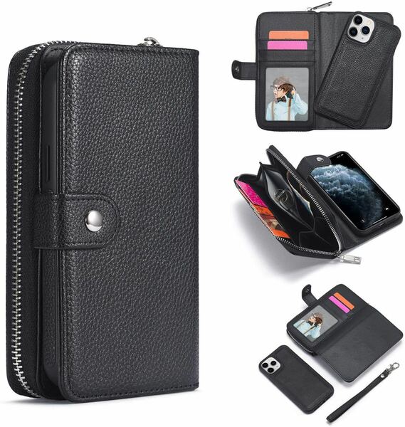 iPhone11 レザーケース iPhone 11 カバー アイフォン11 ケース 6.1 インチ 手帳型 お財布付き カード収納 黒