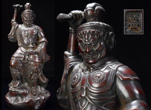 佐渡名工【本間琢斎】ブロンズ 斑紫銅『毘沙門天像』置物 高39.5cm/4.9kg 仏教美術