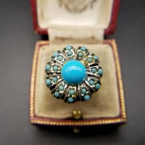 1950~70 period turquoise color cluster American a-ru deco Vintage ring silver tone ring flower costume jewelry ABC8