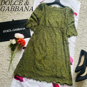 【美品】DOLCE&GABBANA 総レースワンピース グリーン 38 ドルチェ&ガッバーナ M 緑 七分袖 ドレス ドルガバ D＆G