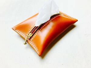 [ hand .] Camel color original leather pocket tissue case ( unbleached cloth flax thread )