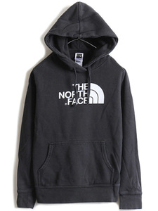 人気 黒 ■ ノースフェイス プリント スウェット フード パーカー ( レディース M ) 古着 The North Face トレーナー プルオーバー 裏起毛