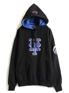 MLB オフィシャル Majestic NY メッツ スウェット パーカー ( メンズ L 程) 90s マジェスティック 90年代 裏起毛 プルオーバー ブラック 黒