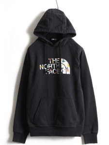 人気 黒 ■ ノースフェイス 総柄 ビッグ ロゴ プリント スウェット フード パーカー ( メンズ S ) 古着 The North Face トレーナー 裏起毛