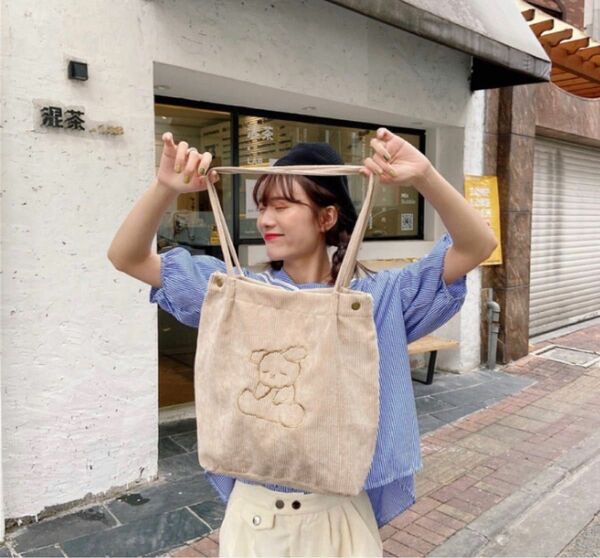 コーデュロイ ベア クマ 刺繍 トート バッグ 韓国 エコバッグ 春 入学式 くま クマ トートバッグ