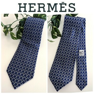  прекрасный товар HERMES Vintage Hermes прекрасное качество шелк галстук цепь общий рисунок темно-синий синий голубой серый бренд галстук Франция производства 