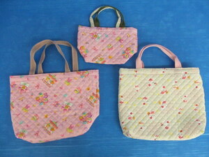 [ hand made ]* for children cloth bag 3 point set *① pink ( small ) ② pink ( large ) ③ white ( large ) character pattern / quilting cloth / inset equipped 