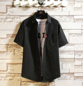 シャツ 半袖シャツ メンズ 無地 カジュアルシャツ 軽量 トップス 大きいサイズ 春夏服 通気性 涼しい ファッション mc0526 ブラック 3XL