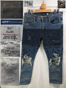 定価40000+税★W34(約90cm)【LEVIS/リーバイス/メイドアンドクラフテッド】日本製/56497-0023/511/スリム/SLUM/ストレッチ/リメイク加工/★