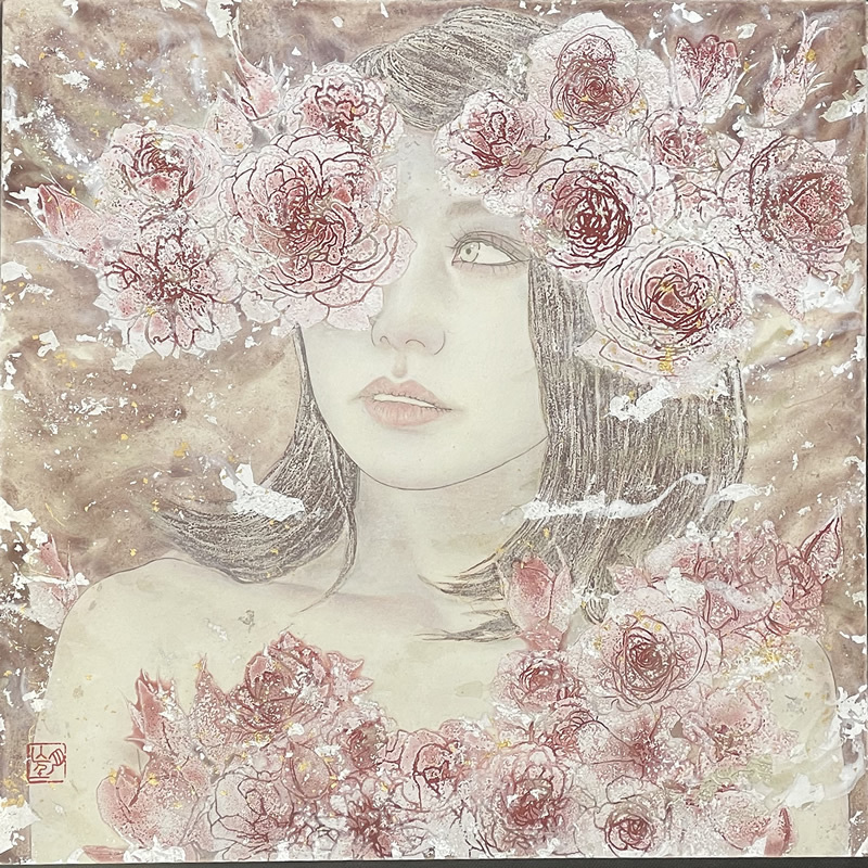 平田望｢ROSA MISTICA｣紙本彩色/スクエア4号/日本美術院院友/NozomiHirata/真作保証, 絵画, 日本画, 人物, 菩薩