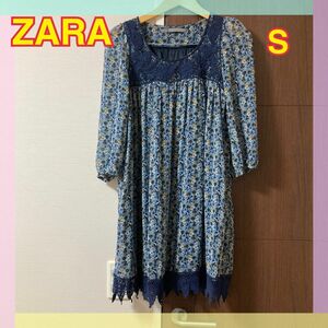 【美品】ZARA 花柄　膝丈　七分袖ワンピース　レディースSサイズ　ザラ シフォンワンピース