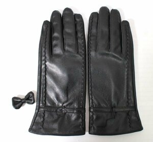 15 03418 * COLLOL leather gloves reverse side nappy PU made ribbon decoration black lady's [USED goods ]