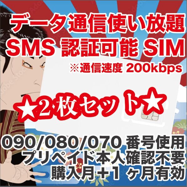 2枚セット プリペイドSIM データ使い放題 SMS受信 通信速度200kbps