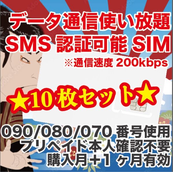 10枚セット プリペイドSIM データ使い放題 SMS受信 通信速度200kbps