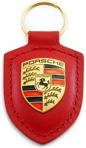 正規品 純正 ポルシェ PORSCHE キーホルダー 本革 箱付き 高級感 赤 レッド ドイツ製 クレスト エンブレム プレゼント 新品 約8.5×4cm