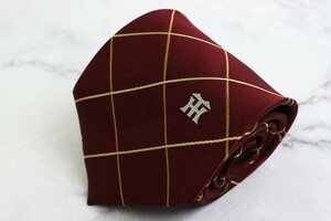 阪神タイガース シルク 格子柄 ワンポイント ロゴマーク 野球 ブランド ネクタイ メンズ レッド 良品 HANSHIN Tigers