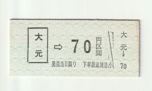 硬券 100 B型 乗車券 岡山臨港鉄道（廃止） 大元 → 70円区間 No.4096