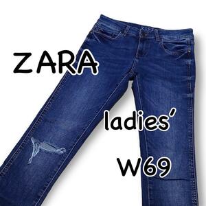 ZARA ザラ MID RISE SKINNY FIT US04 ウエスト69cm Mサイズ ストレッチ ダメージ加工 パウダーデニム レディース ジーンズ デニム M107