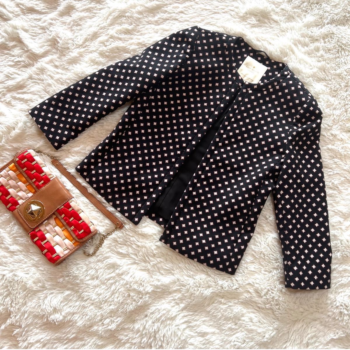アイボリー×レッド 【美品】kate spade ノーカラージャケット ツイード