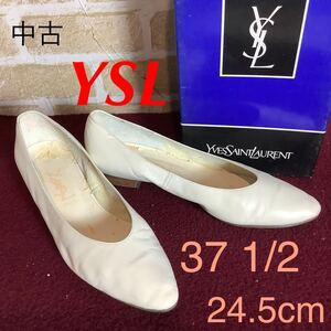 [ selling out! free shipping!]A-295 YSL!ivu* sun rolan! low heel pumps! white! beige!37 1/2 24.5cm rank! with translation! used!