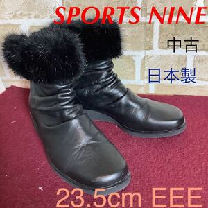 【売り切り!送料無料!】A-299 SPORTS NINE!ショートブーツ!黒!23.5cm EEE!ファー!おしゃれ!ウェッジソール!ローヒール!中古!