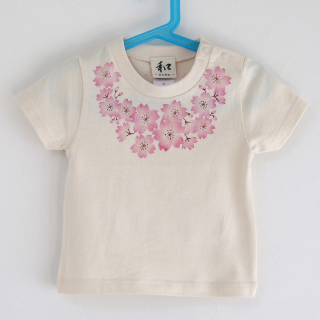 Children's clothing, Kids T-shirt, Size 130, Natural, Corsage cherry blossom pattern, T-shirt, Handmade, Hand-drawn T-shirt, Japanese pattern, Spring, Gift, tops, Short sleeve T-shirt, 130(125~134cm)