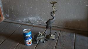 香炉 燭台セット 真鍮製 鶴亀蝋燭台 ろうそく立て レトロアンティーク インテリア 置物