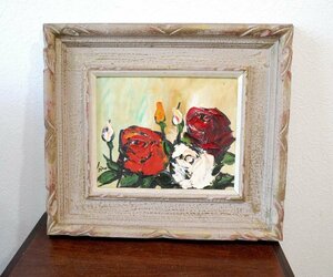 ○湯浅洋子　油彩画作品　薔薇の絵　素朴な切込模様の額　F3号　モダン　アート　ヴィンテージ　古道具のgplus広島 2303i