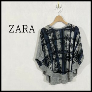 【13595】 ZARA ザラ トップス プルオーバー チェック柄 レース シースルー ブラウス ドルマンスリーブ カジュアル バックファスナー S