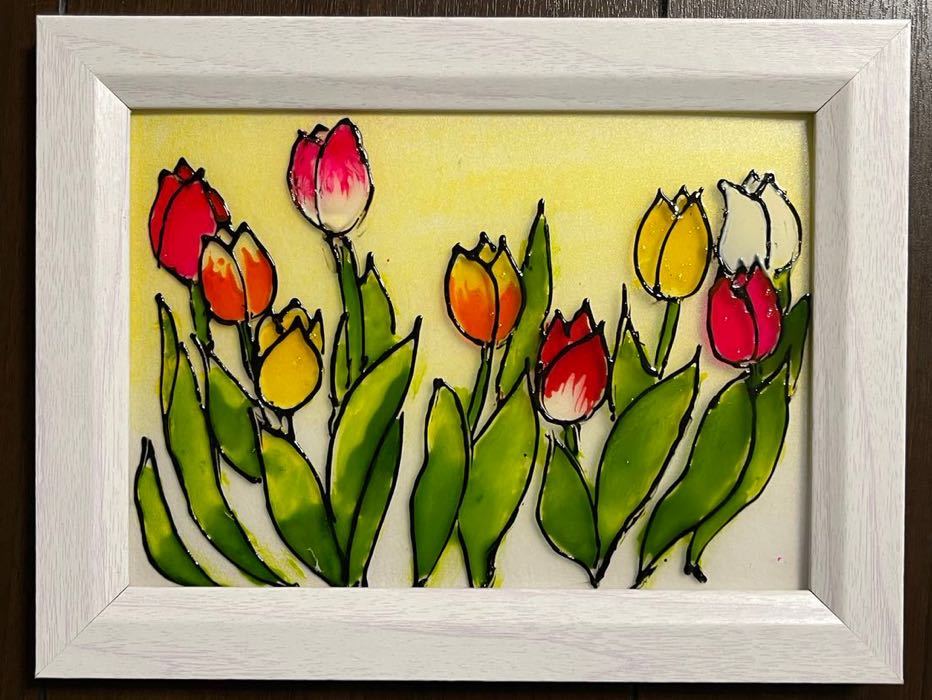 Stained glass style art glass painting style acrylic plate flower tulip flower garden painting picture frame healing interior birthday present feng shui, hobby, culture, artwork, others