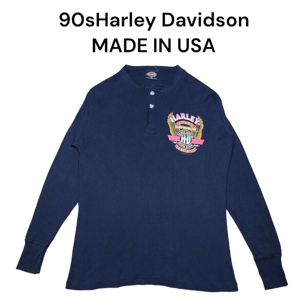 90s ハーレーダビッドソン　ビッグプリント　ヘンリーネック　ロンT　USA製　Harley Davidson