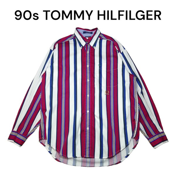 90s TOMMY HILFILGER　総柄　ストライプ　長袖BDシャツ　トミーヒルフィガー ボタンダウンシャツ ストライプシャツ
