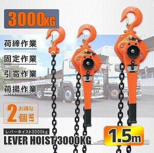 ★送料無料★【お得2台セット】レバーホイスト3T 手動式 チェーンホイスト3000kg 荷締め機 ガッチャ チェーンブロック 巻き上げ下げ固定に