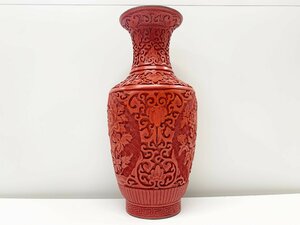 中国古玩　堆朱 山水風景 唐草彫 花瓶 フラワーベース 中国美術 工芸品 花器 花入 花瓶 アンティーク 骨董品