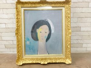 萩原英雄 油彩 リボンの少女 8号 美術品 アート 額縁 インテリア 飾り