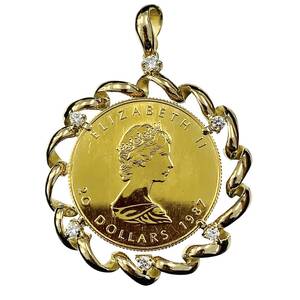 メープル金貨 カナダ エリザベス女王 1987年 K18/24 純金 23.1g 1/2オンス ダイヤモンド0.28 コイン ペンダントトップ コレクション 美品