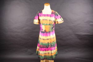 YF3903 縫製業者リメイク ワンピース 半袖 着物 絞り 染め 緑 オレンジ 黄 ピンク クレイジーカラー