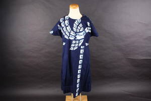 YF3911 縫製業者リメイク ワンピース 半袖 絞り 染め 青 紺 ネイビー 白 鳥柄 肩ボタン付