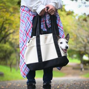 【訳あり品】犬 キャリーバッグ 帆布トート ペットキャリーバッグ Mサイズ 小型犬 小動物 キャンバス ブラック/ホワイト 新品の画像7