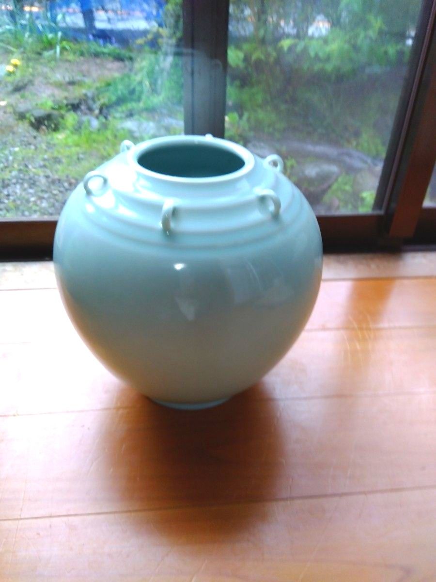 未使用 箱入り 芸林 青磁 陶芸品 鶴文 壺 花瓶 昭和レトロ