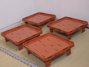 ★古民具【レトロ 根来塗 足付膳4客】木製漆器　サイズ：34.8cm角　高さ12cm　家具 和食器　飾り台にも！