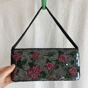  clutch bag beads black floral print 