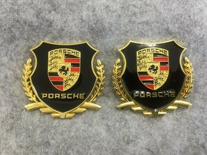 ★ポルシェ PORSCHE★ゴールド★ ステッカー エンブレム 2個セット カバー 車ロゴ 自動車 キズ隠し 両面テープ付