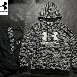 新品 XL アンダーアーマー ブラック 黒 グレー スウェット フリース 上下 カモ CAMO カモフラ underarmour パーカー ジョガーパンツ 正規品の画像1