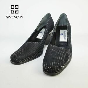 美品 Givenchy ジバンシィ 35 22.0 パンプス ヒール スクエアトゥ ナイロン ストライプ ラメ 黒 ブラック/AC60