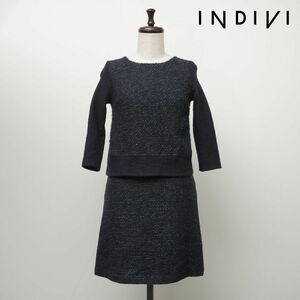 美品 INDIVI インディヴィ ウールツイード ラメ セットアップ 七分袖ブラウスカットソー 膝丈スカート レディース ネイビー サイズ5*AC277