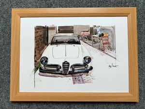 ■BOW。池田和弘『Alfa-Romeo Giulia 1600 Spider』B5サイズ 額入り 貴重イラスト 印刷物 ポスター風デザイン 額装品 アートフレーム 旧車